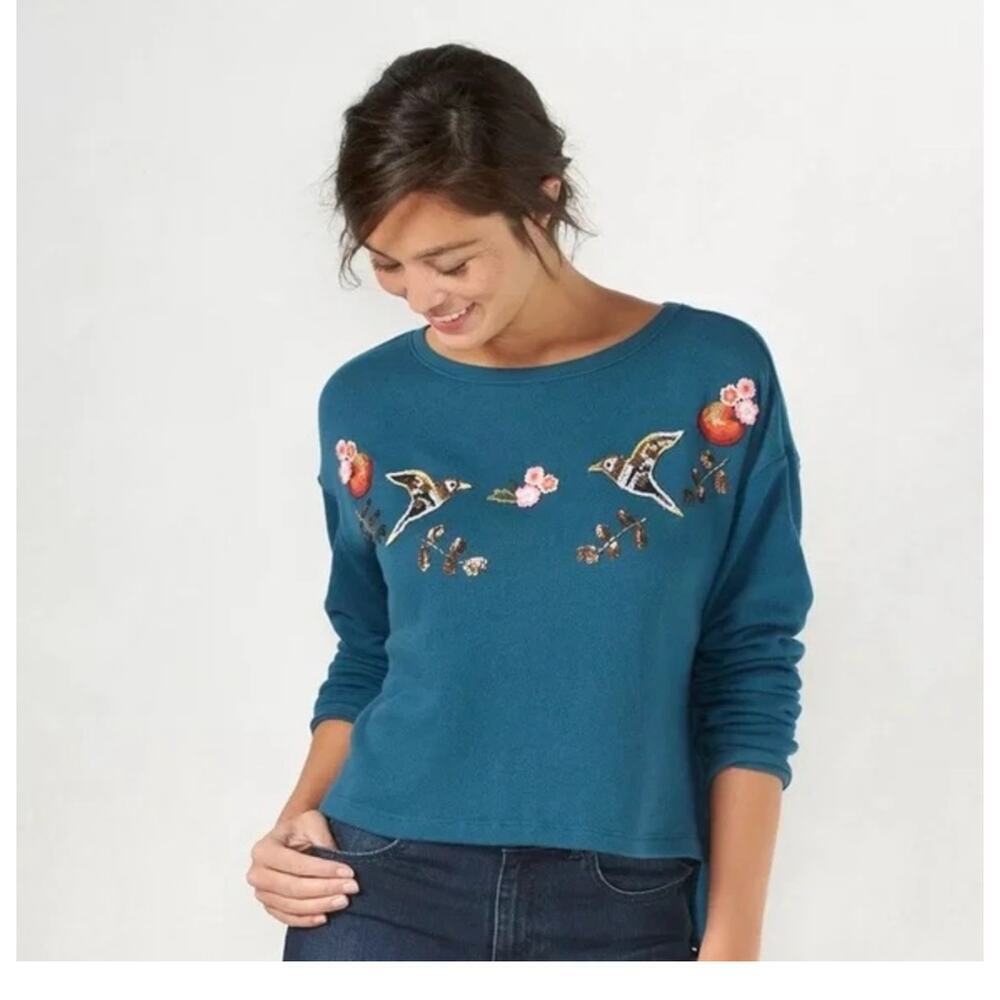 Disney by Lauren Conrad Embroidered Sequin Apple Hummingbird Sweater Medium